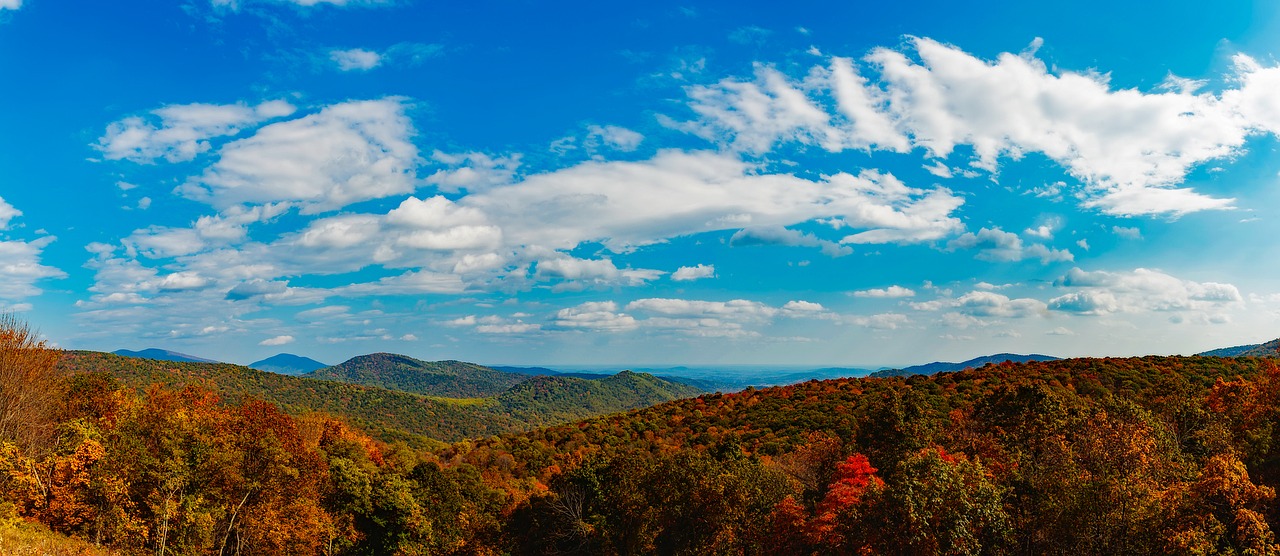 Shenandoah Slėnis, Virginia, Mėlynas Kraigas, Kalnai, Kritimas, Ruduo, Spalvos, Dangus, Debesys, Panorama