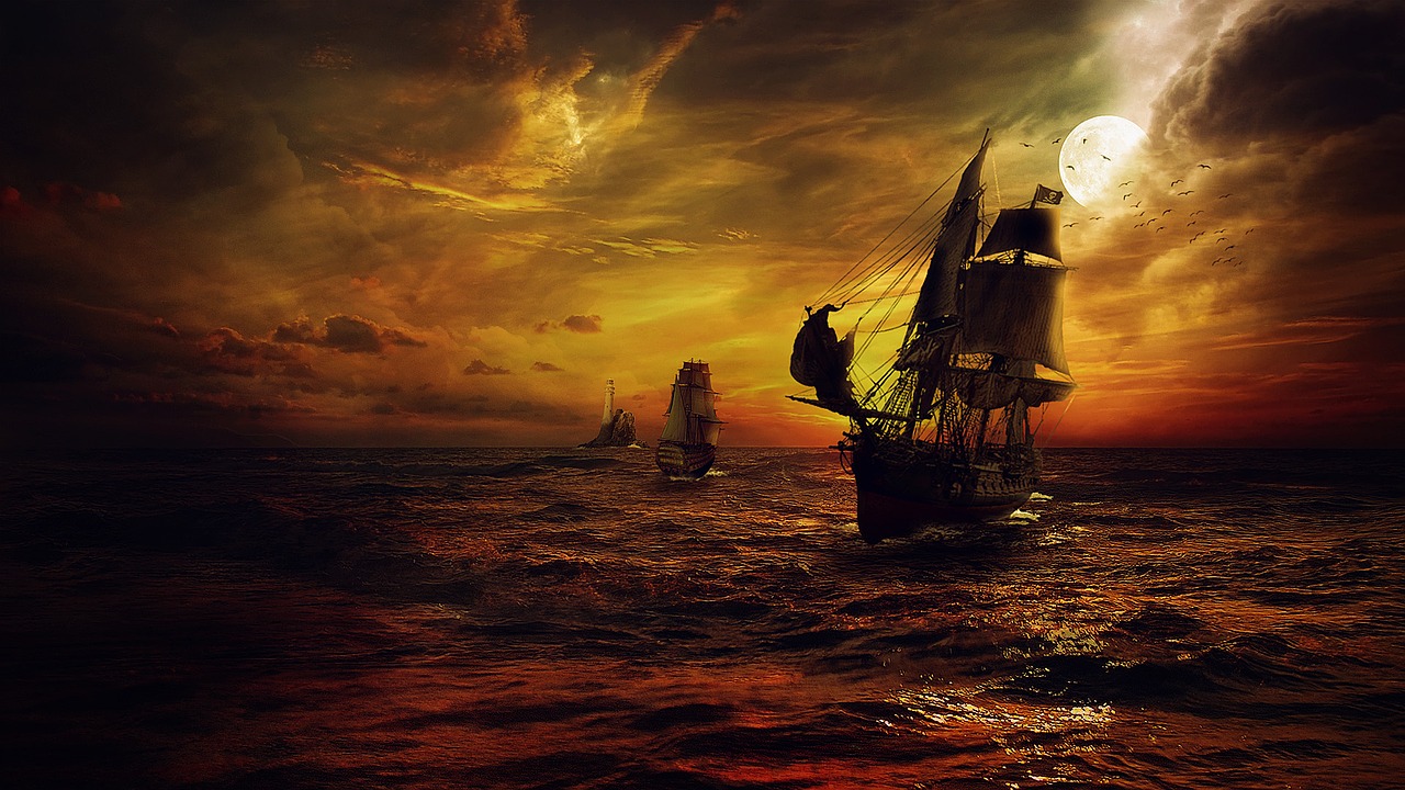 Laivas, Stromas, Jūra, Naktis, Fantazija, Raudona, Piratai, Mėnulis, Debesis, Manipuliavimas
