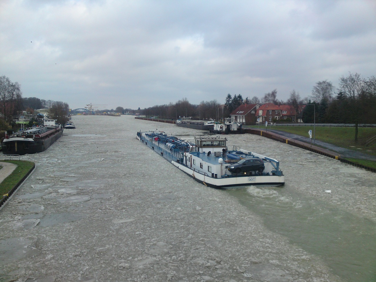 Laivas, Kanalas, Ledas, Žiema, Vanduo, Sušaldyta, Dortmund Ems Kanal, Münsteris, Westfalen, Ledas