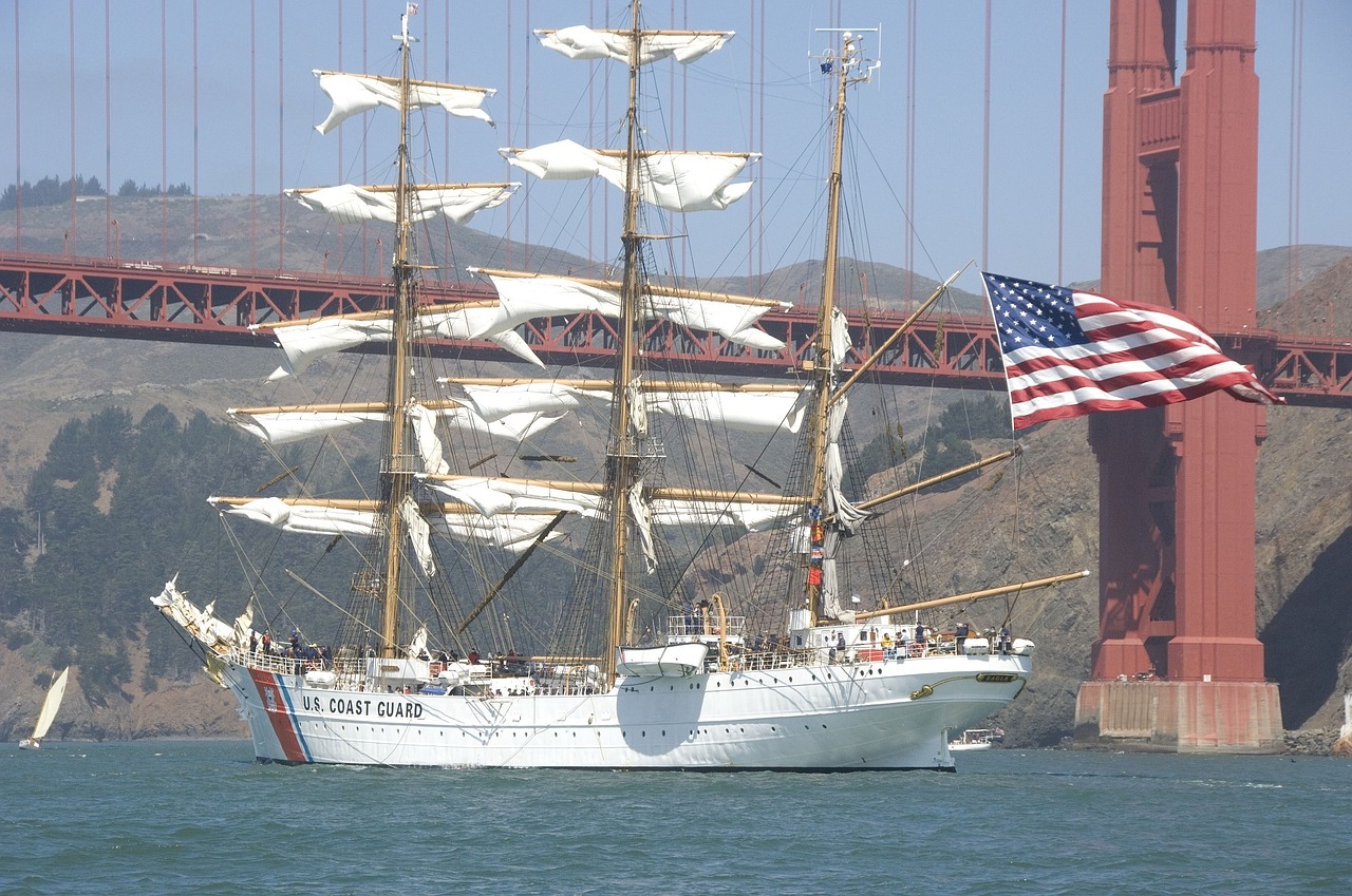 Laivas, Pjaustytuvas, Trys Masted, Auksinių Vartų Tiltas, San Franciskas, Kalifornija, Barque, Pilnas Burė, Vanduo, Pakrantės Apsauga