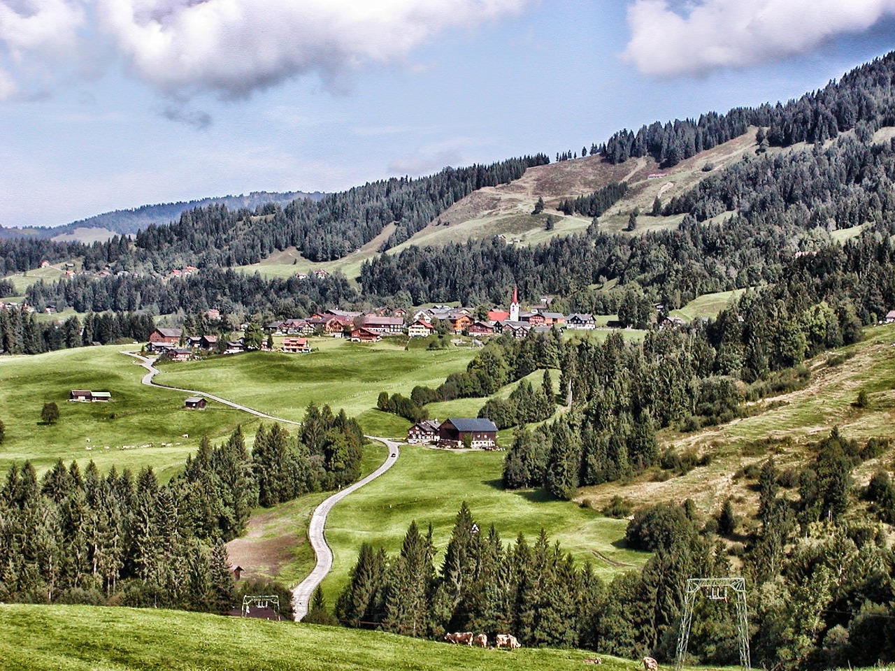 Sibratsgfall, Austria, Kraštovaizdis, Vaizdingas, Kalnai, Kaimas, Pastatai, Miškas, Medžiai, Miškai