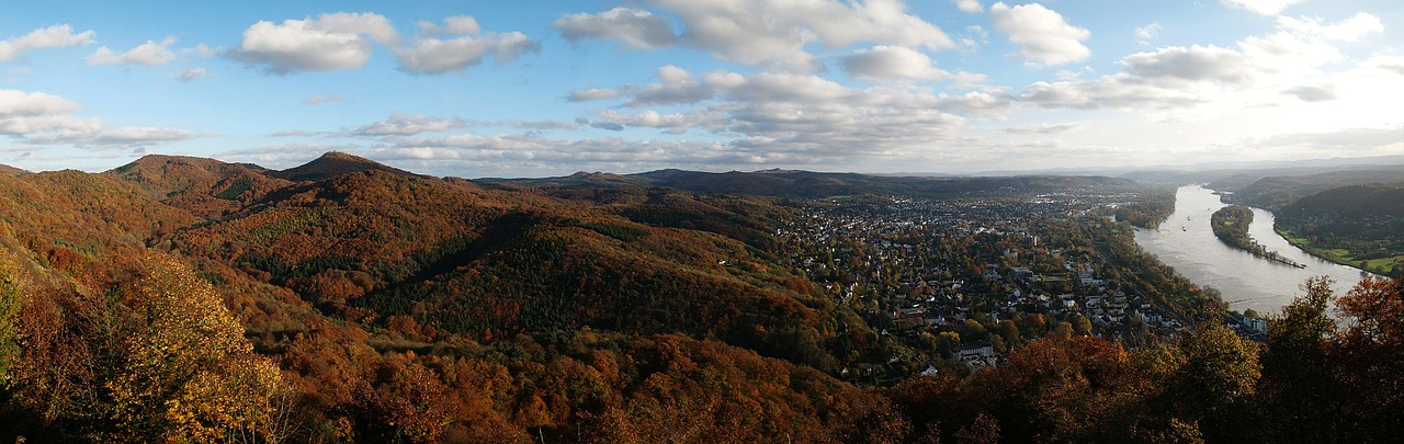 Siebengebirge, Rinas, Blogas Vynuogynas, Grafenwerth, Neatsirado, Liūto Pilis, Lohrberg, Panorama, Ruduo, Miškas