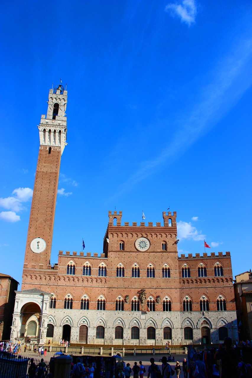 Siena, Toskana, Italy, Torre, Palazzo, Architektūra, Lauko Kvadratas, Palio, Mėlynas Dangus, Debesys