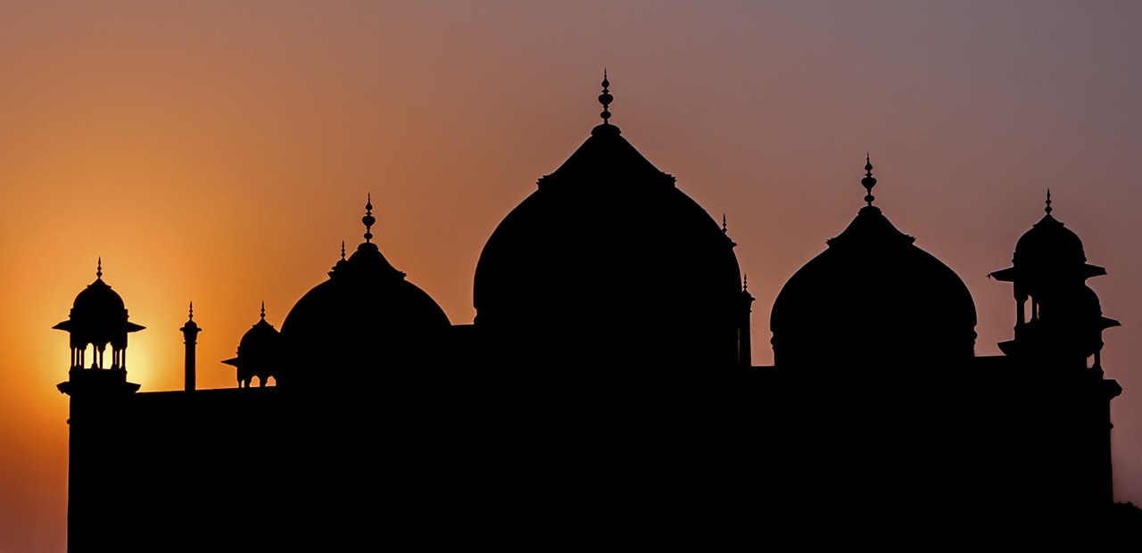 Siluetai, Saulėlydis, Mečetė, Indija, Agra, Taj Mahal, Dangus, Besileidžianti Saulė, Saulė, Grožis