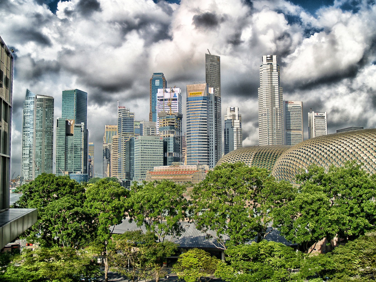 Singapūras, Panorama, Miestas, Dangoraižiai, Pastatai, Miesto, Architektūra, Dangus, Debesys, Medžiai