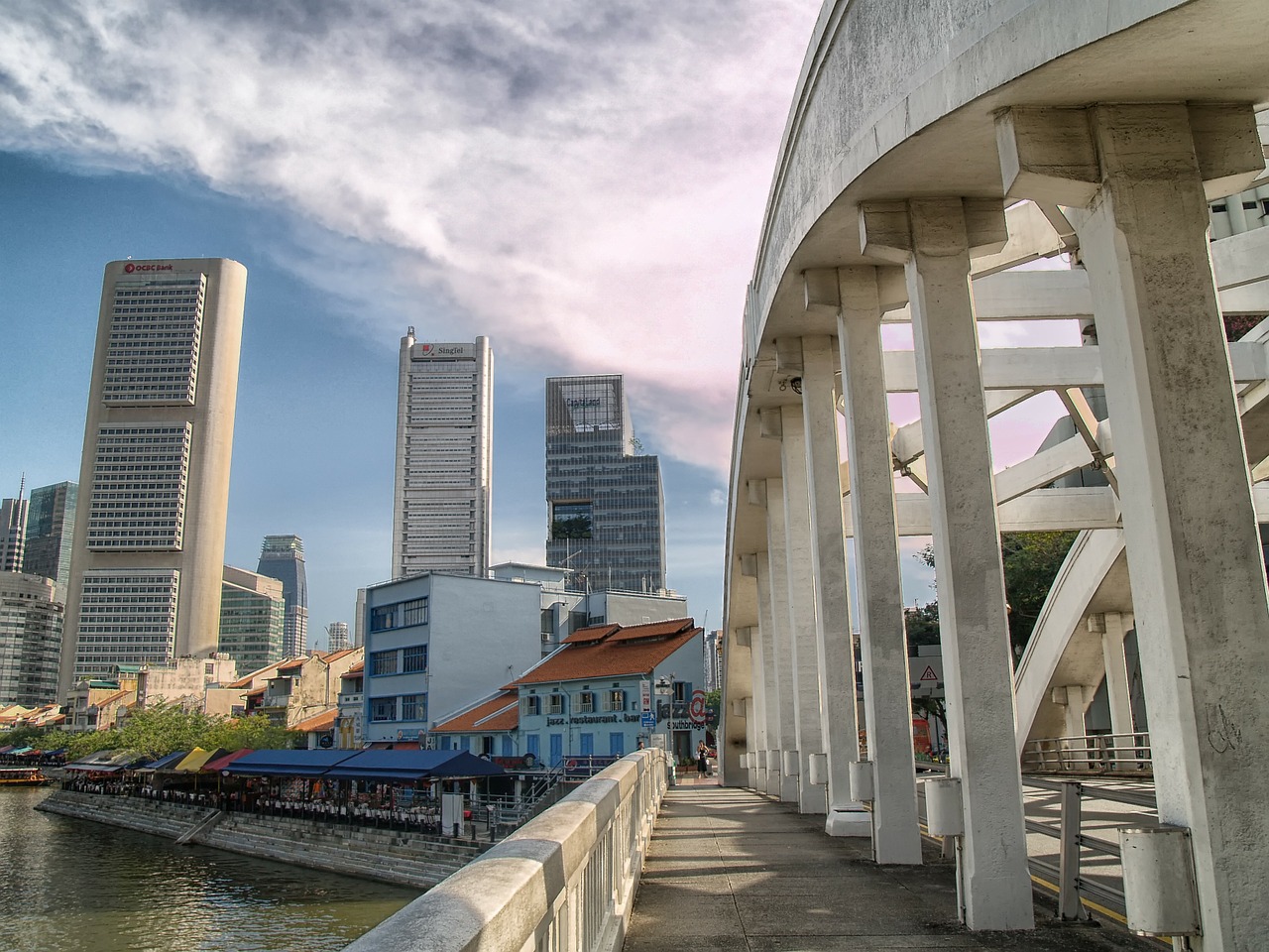 Singapūras, Panorama, Pastatai, Tiltas, Architektūra, Dangoraižis, Dangus, Debesys, Miestas, Miestai