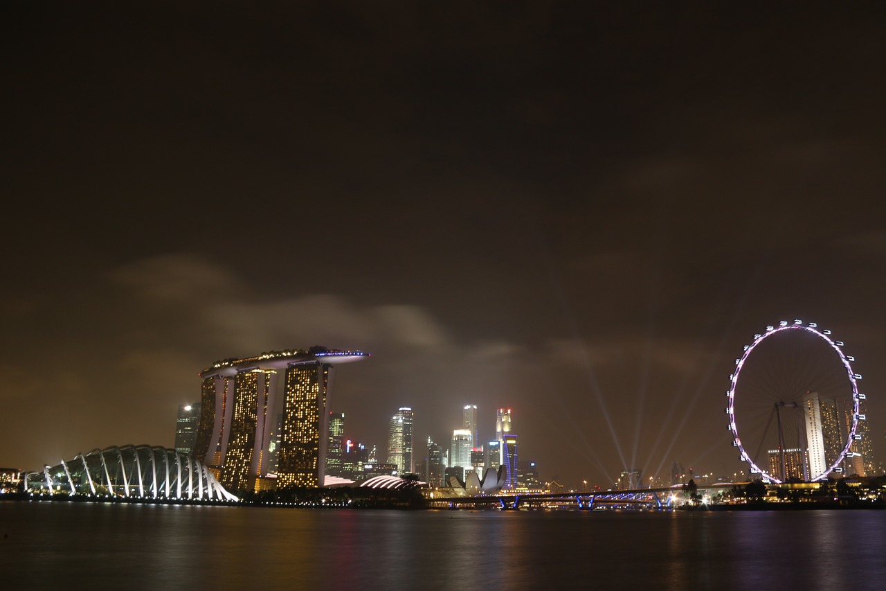 Singapūras, Singaporeflyer, Marinabaysands, Kraštovaizdis, Naktis, Šviesa, Pastatas, Miestas, Scena, Miesto Panorama