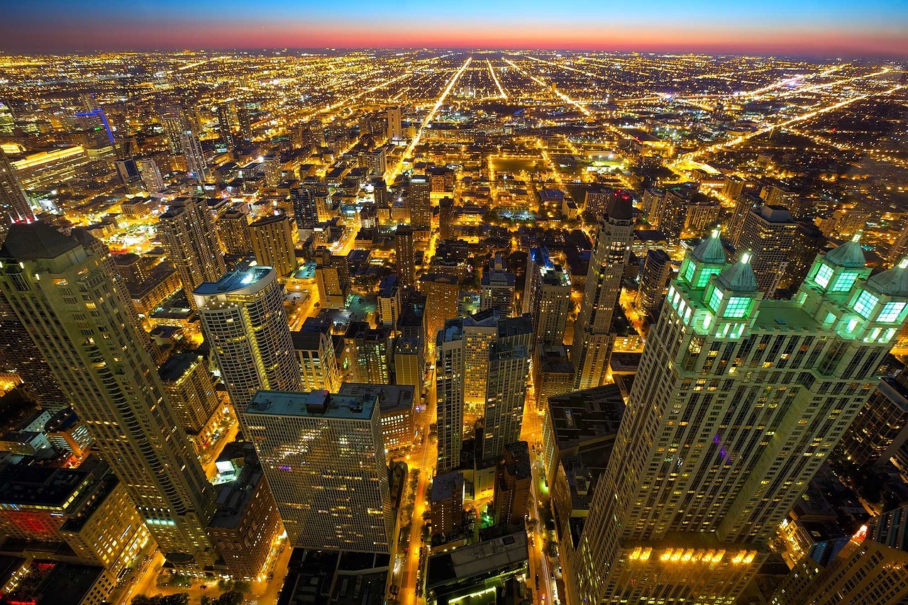 Panorama, Naktinis Miestas, Chicago Skyline, Saulėlydis, Horizontas, Miesto Panorama, Miestas, Naktis, Miesto Šviesos, Miesto Panorama