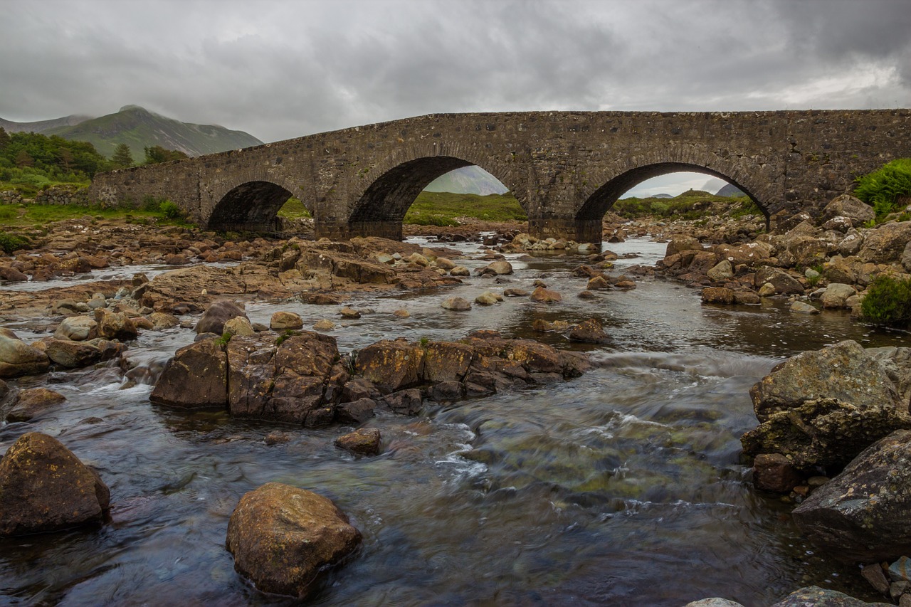 Sligachan, Tiltas, Isle Of Skye, Škotija, Kraštovaizdis, Upė, Vanduo, Rokas, Debesys, Aukštumų Ir Salų