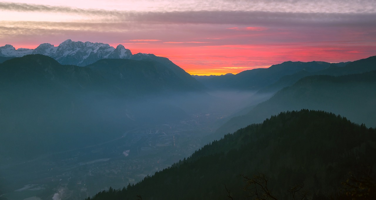 Slovenia, Saulėlydis, Dusk, Gražus, Kalnai, Siluetai, Slėnis, Migla, Rūkas, Kaimas