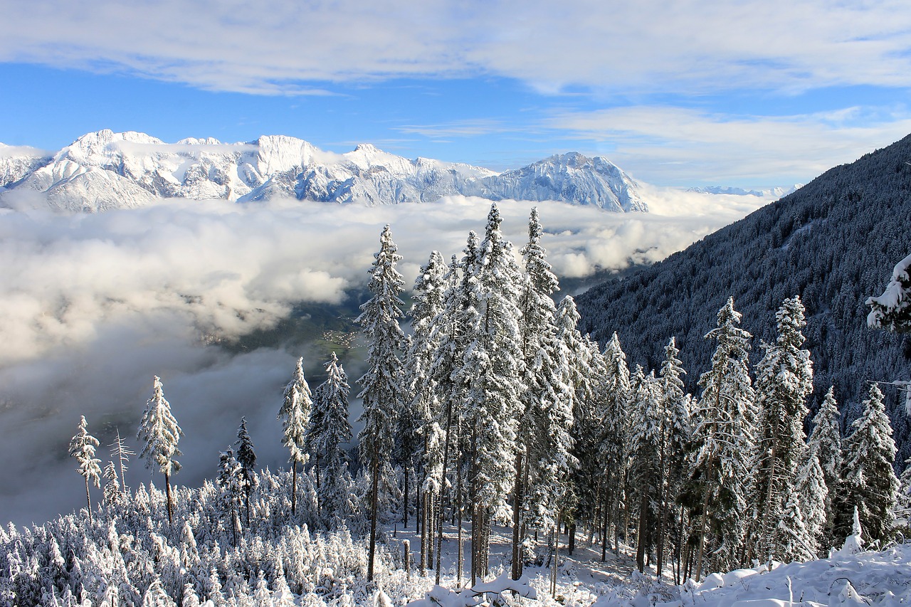 Snieguotas Kraštovaizdis, Žiemos Peizažas, Alpės, South Tyrol, Debesys, Kraštovaizdis, Gamta, Kalnai, Pušys, Snieguotas Kalnų Viršūnė