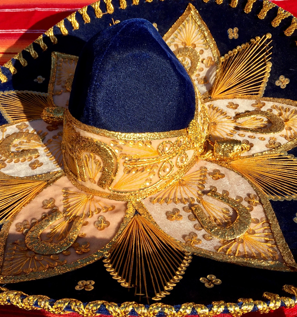 Sombrero, Skrybėlę, Meksikietis, Mariachi, Mėlynas, Auksas, Siuvinėjimas, Išsiuvinėta, Blizgučiai, Puošia