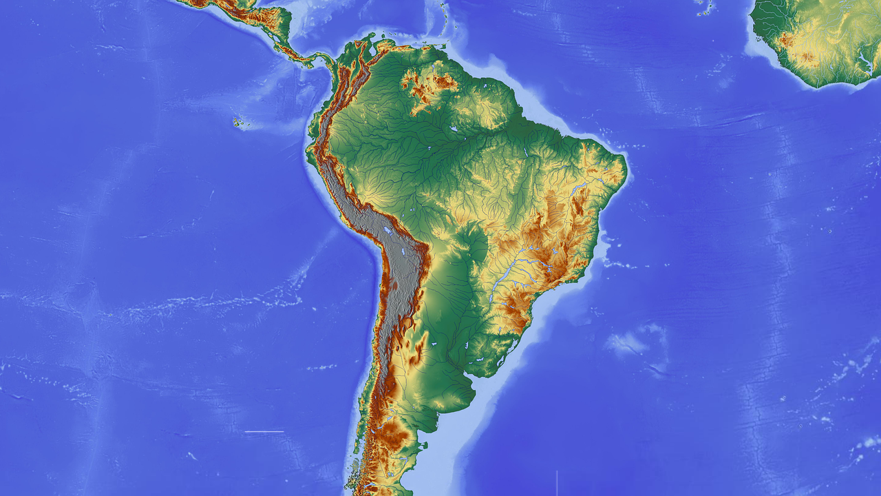 Pietų Amerika, Amazon, Brazilija, Andes, Žemėlapis, Reljefo Žemėlapis, Aukščio Profilis, Aukščio Struktūra, Spalva, Kartografija
