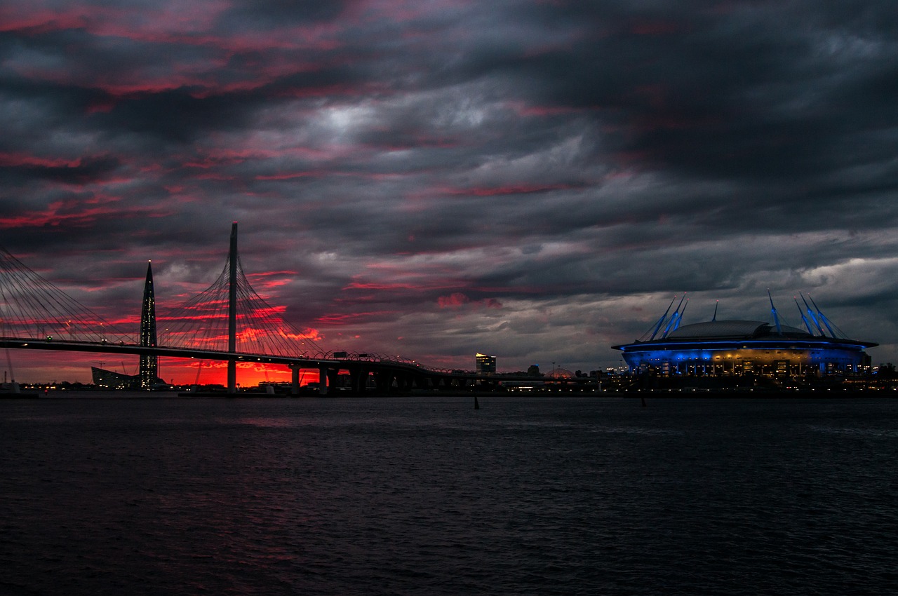 St Petersburg Rusija,  Saulėlydžio,  Neva,  Rusija,  Kraštovaizdis,  Vakare,  Saulėlydžio Dangus,  Pasivaikščioti,  Zenit Arenos,  Nepakartojamai