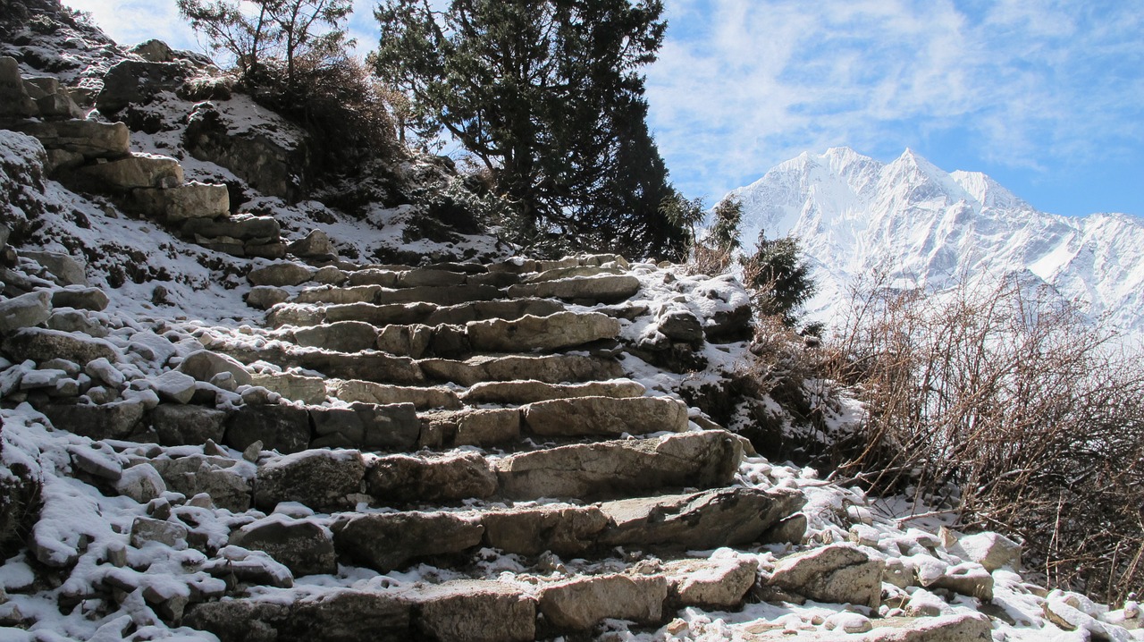 Laiptai, Akmuo, Sniegas, Kelionė, Lauke, Žiema, Nuotykis, Gamta, Nepalas, Žygiai
