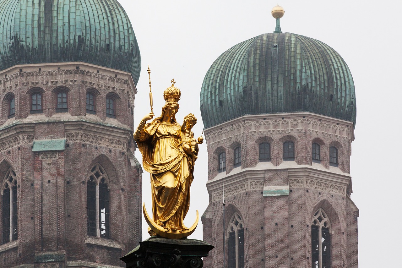 Marijos Statula, Marian Column, Šventoji Marija, Paauksuotas, Frauenkirche, Bokštai, Gotika, Munich, Marienplatz, Pastatas