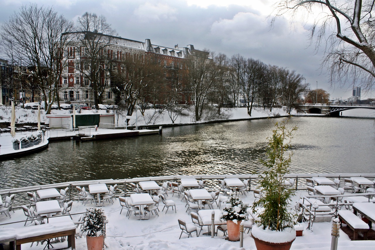 Gatvės Kavinė, Alster, Malūno Tvenkinys, Žiema, Sniegas, Uždaryta, Hamburgas, Hamburgensien, Laiptai, Architektūra