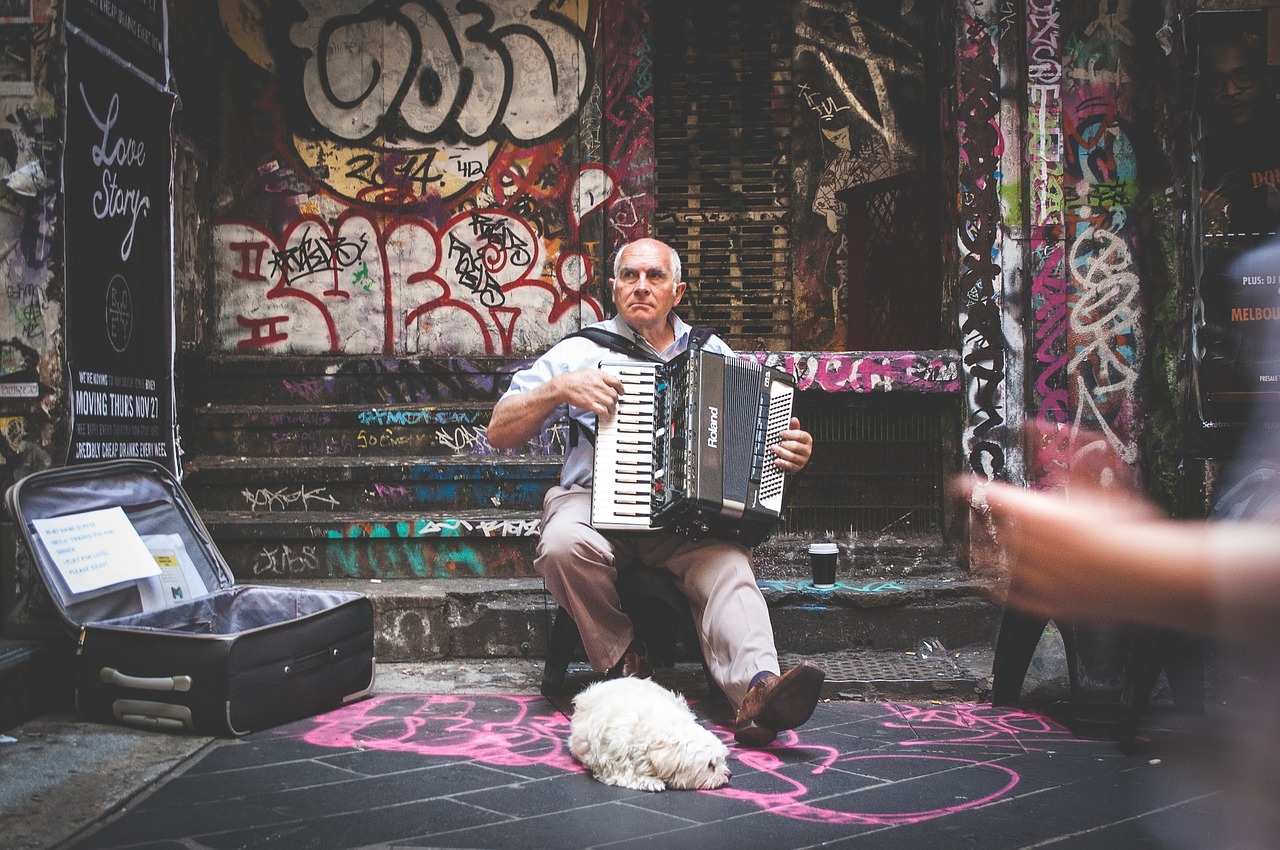 Gatvės Atlikėjas, Muzikantas, Muzika, Instrumentas, Akordeonas, Miestas, Miesto, Grafiti, Šuo, Naminis Gyvūnėlis