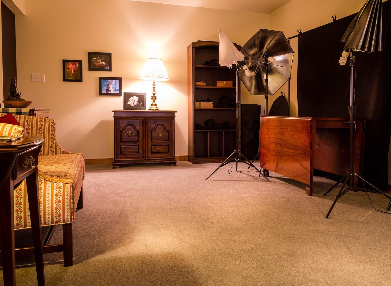 Studija, Bonus Room, Fotografijos Studija, Skėčio Reflektoriai, Kilimas, Stalas, Sofa, Lentynos, Mėgėjų Fotografija, Apšvietimas