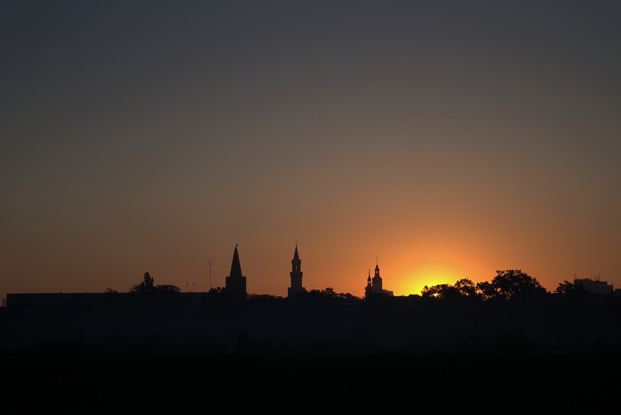 Saulėtekis, Opolė, Miestas, Kontūrus, Katedra, Rotušė, Bokštai, Panorama, Vaizdas, Horizontas
