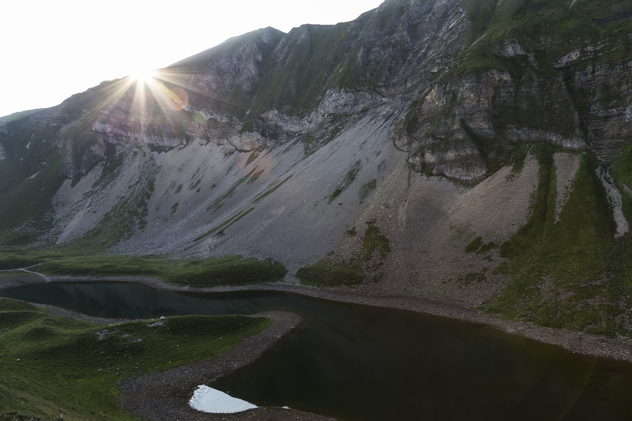 Saulėtekis, Eisee, Raudonasis Ragas, Bergsee, Morgenstimmung, Apšvietimas, Kalnai, Upė, Ežeras, Panorama