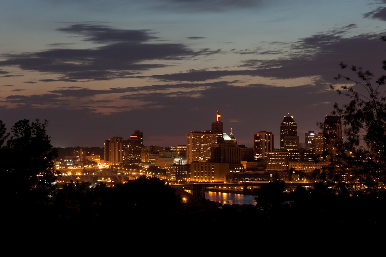 Saulėlydis, Panorama, Upė, Vanduo, Dusk, Twilight, Naktis, Miesto Panorama, St Paul, Minnesota