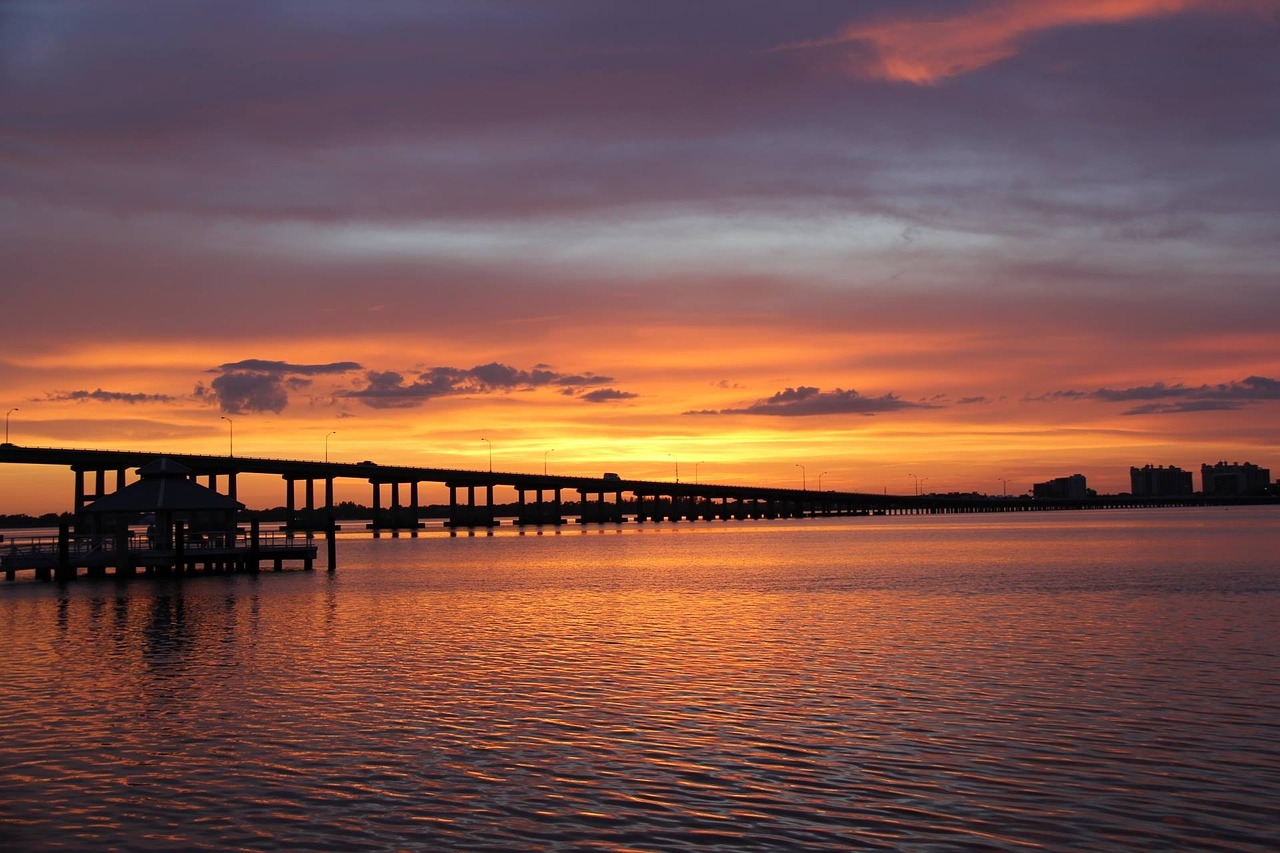 Saulėlydis, Florida, Upė, Tiltas, Caloosahatchee, Oranžinė, Auksinis, Nemokamos Nuotraukos,  Nemokama Licenzija