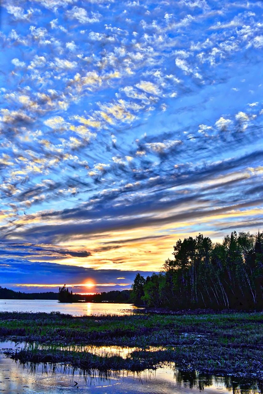 Saulėlydis, Twilight, Kraštovaizdis, Vakaras, Debesys, Ežeras, Vanduo, Medžiai, Saulė, Québec