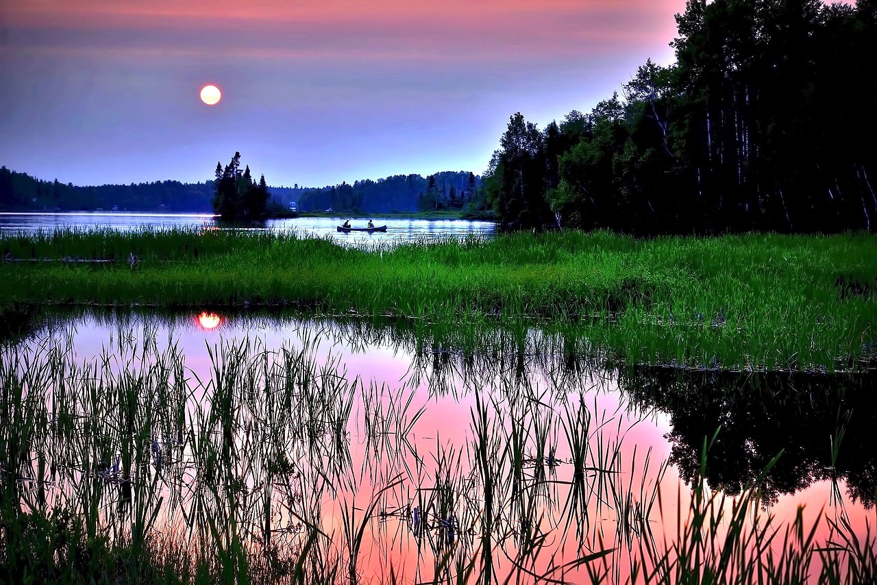 Saulėlydis, Twilight, Vakaras, Dangus, Ežeras, Debesys, Medžiai, Vanduo, Québec, Kanada