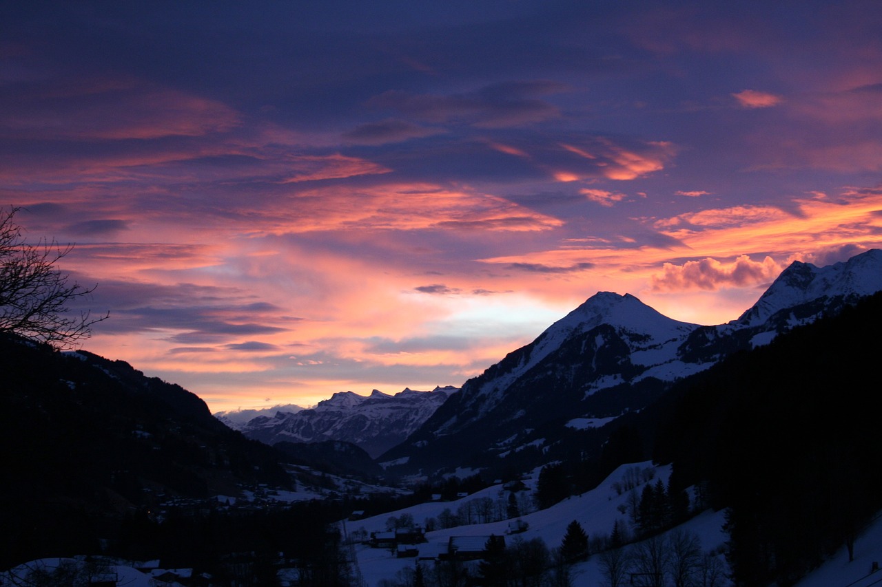 Saulėlydis, Kalnai, Afterglow, Vakarinis Dangus, Abendstimmung, Berni Oberland, Saulė, Dangus, Debesys, Vakaras