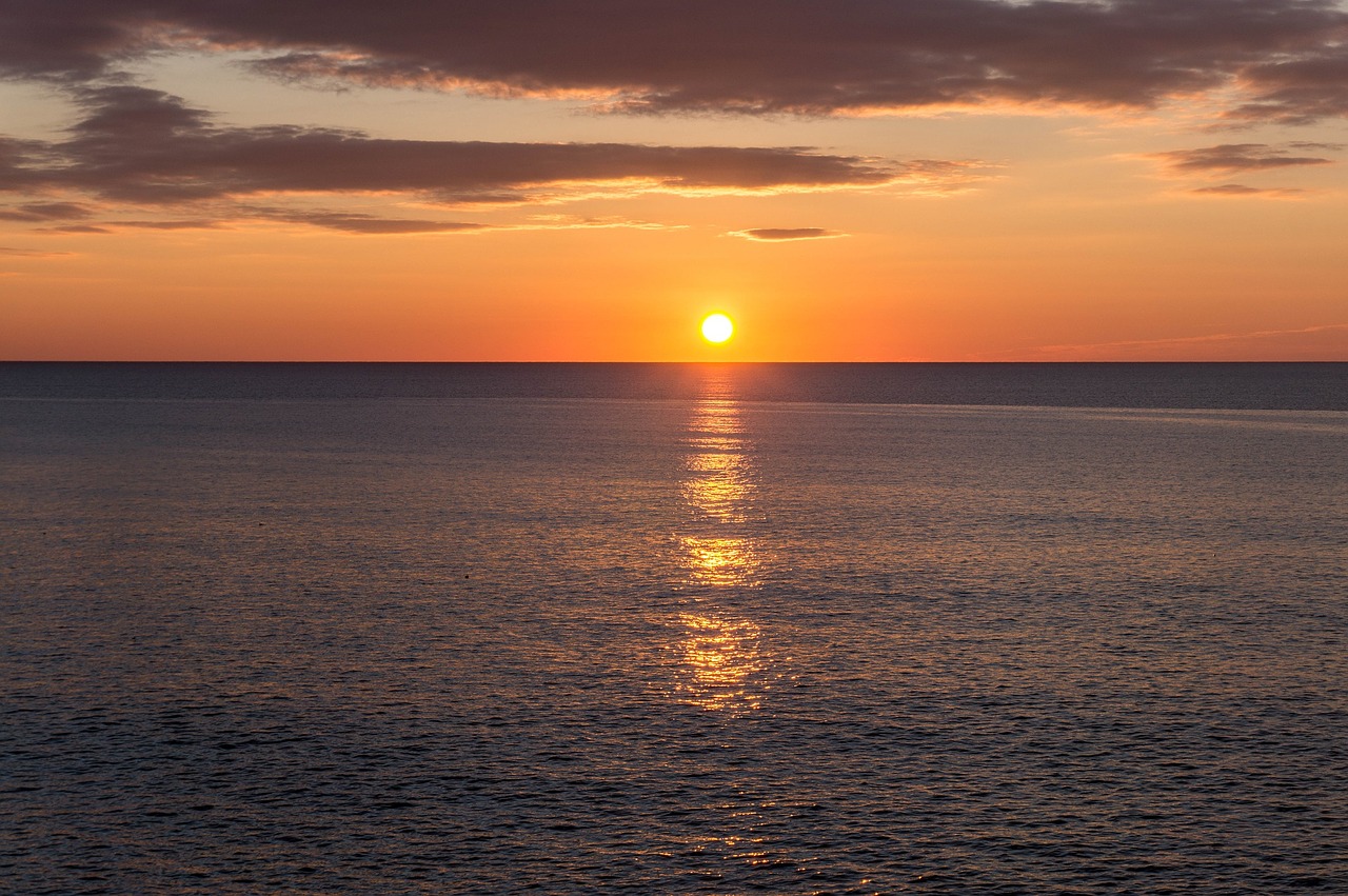 Saulėlydis, Vandenynas, Horizontas, Krantas, Debesys, Dangus, Spalvinga, Dusk, Twilight, Vakaras