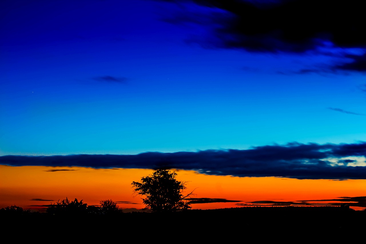 Saulėlydis, Mėlyna Valanda, Dangus, Abendstimmung, Vakaras, Besileidžianti Saulė, Debesys, Tamsūs Debesys, Medžiai, Romantiškas