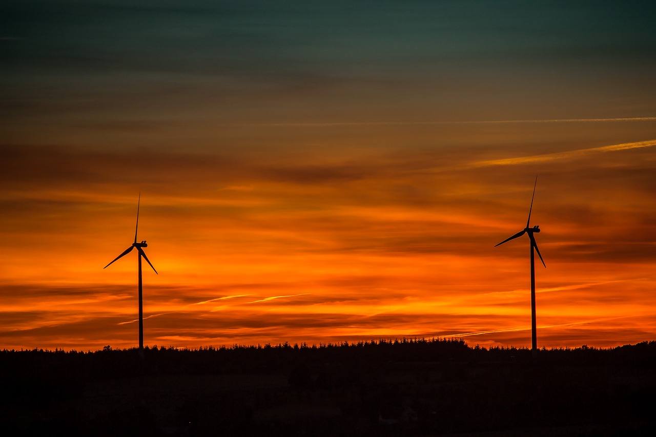 Saulėlydis, Besileidžianti Saulė, Windräder, Abendstimmung, Vakarinis Dangus, Afterglow, Gamta, Dangus, Nuotaika, Romantiškas