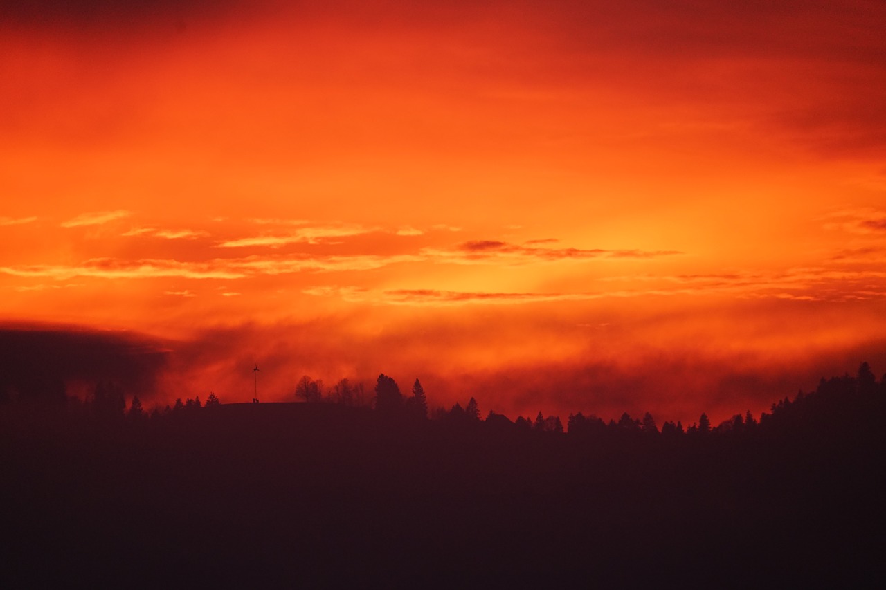 Saulėlydis, Rūkas, Abendstimmung, Tamsioji Švytėjimas, Dangus, Vakarinis Dangus, Ugnis, Raudona, Geltona, Oranžinė