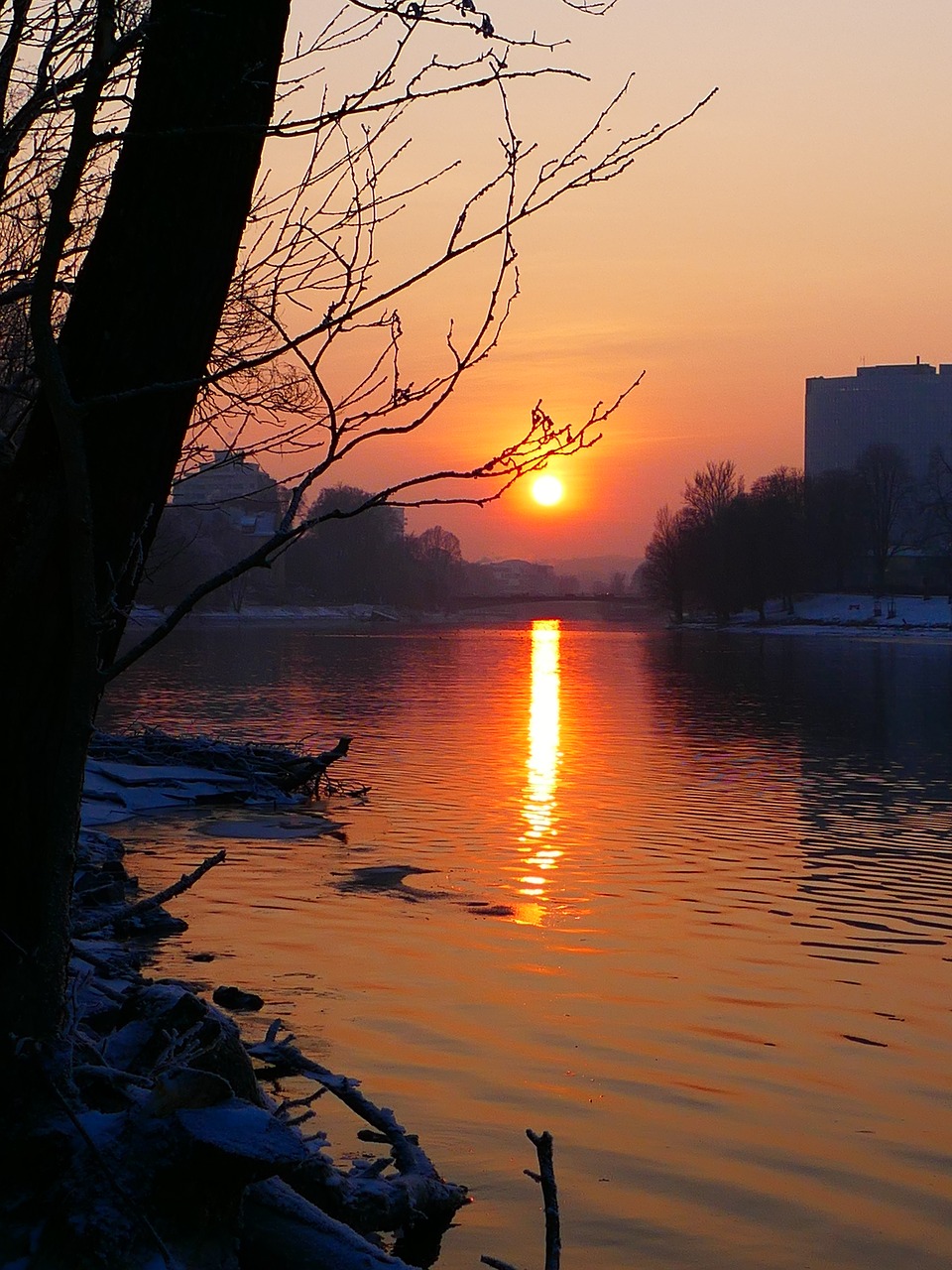 Saulėlydis, Žiema, Vanduo, Upė, Abendstimmung, Veidrodis, Saulė, Vakaras, Vakarinis Dangus, Danube