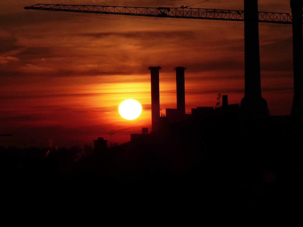 Saulėlydis, Afterglow, Abendstimmung, Industrija, Kranas, Svetainė, Židinys, Dūmtraukiai, Nemokamos Nuotraukos,  Nemokama Licenzija