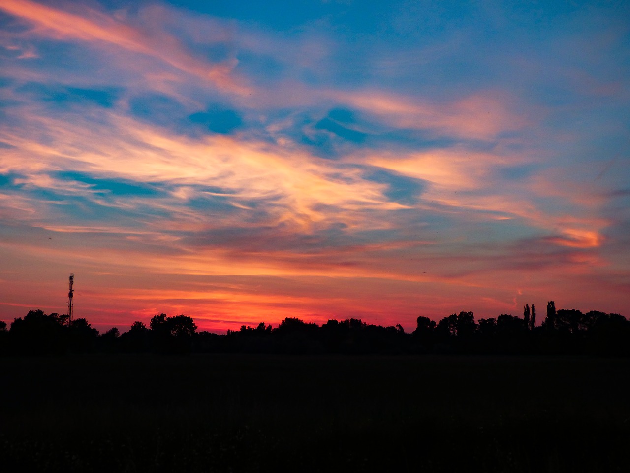 Saulėlydis, Dangus, Vakare, Debesys, Žibintai, O, Dusk, Oranžinė, Raudona, Miškas