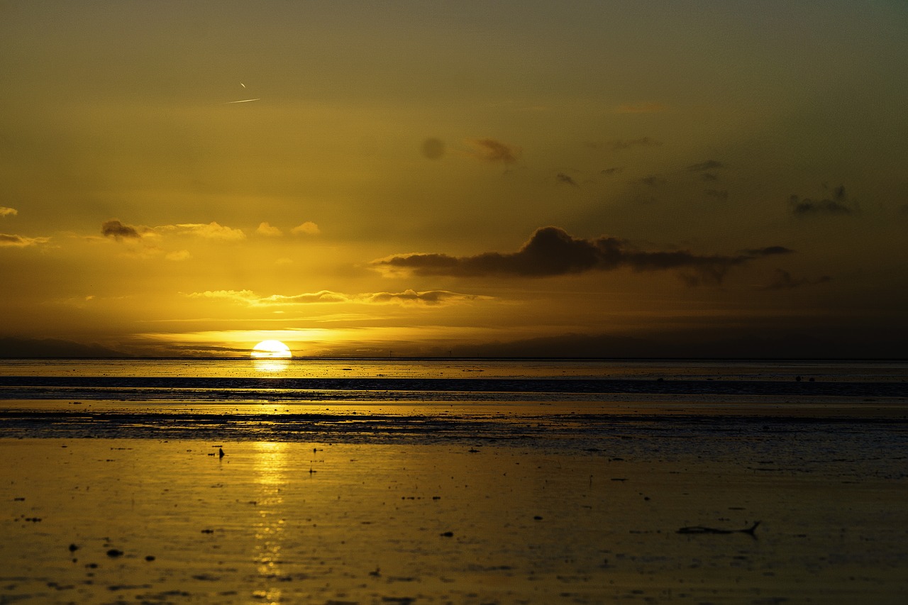 Saulėlydis, Wadden Jūra, Norddeich, Saulė, Debesys, Vakarinis Dangus, Abendstimmung, Afterglow, Peizažai, Dangus