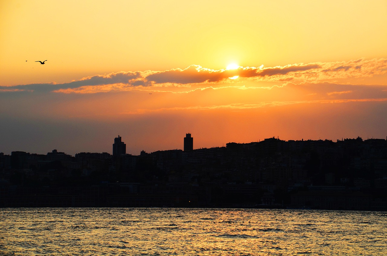 Saulėlydis, Panorama, Abendstimmung, Jūra, Miestas, Istanbulas, Turkija, Fosforas, Debesys, Saulė