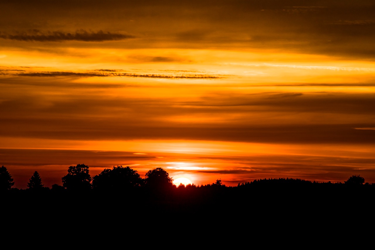 Saulėlydis, Besileidžianti Saulė, Saulė, Vakarinis Dangus, Abendstimmung, Vakaras, Afterglow, Debesys, Medžiai, Gamta