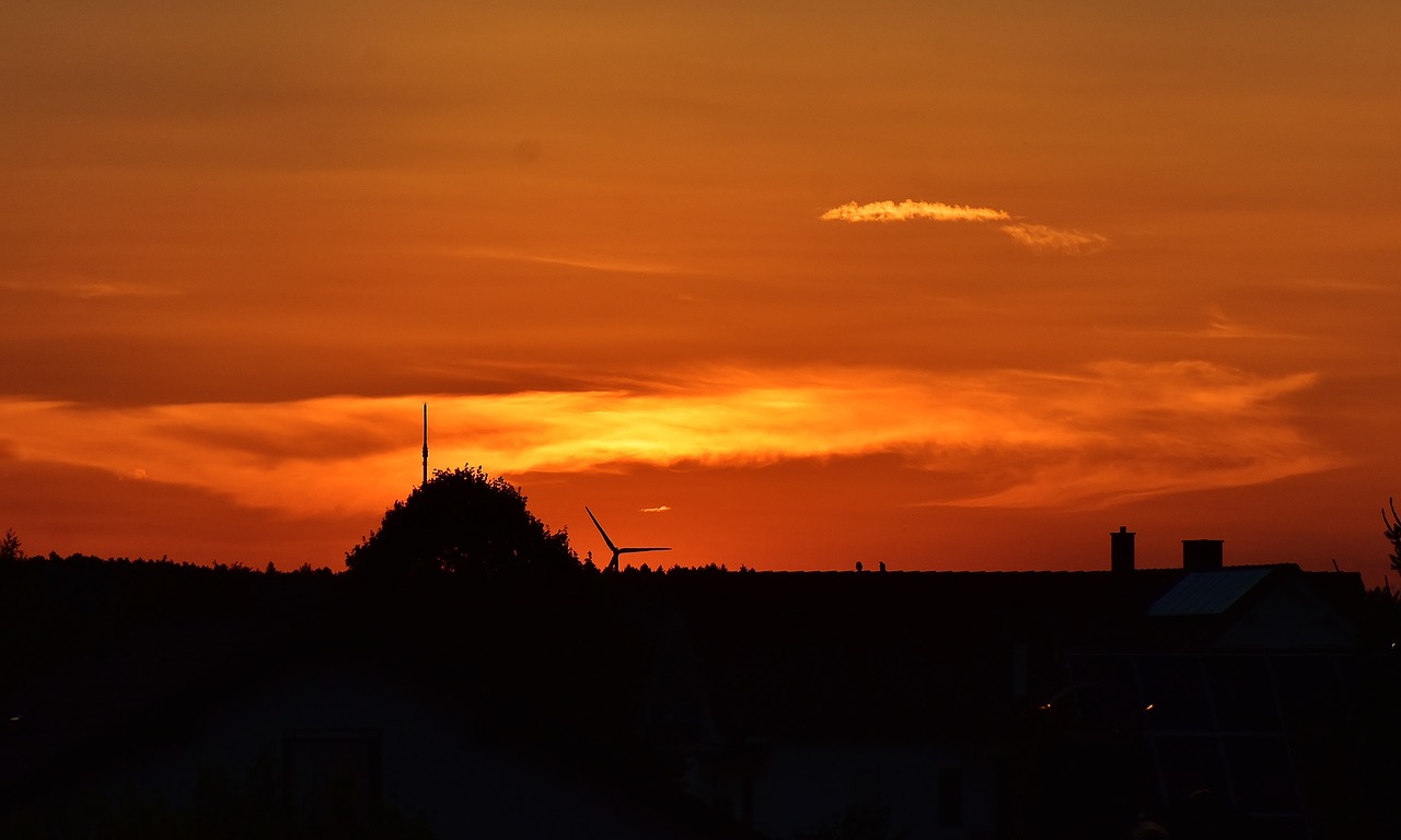 Saulėlydis, Besileidžianti Saulė, Windräder, Abendstimmung, Vakarinis Dangus, Afterglow, Gamta, Dangus, Nuotaika, Romantiškas