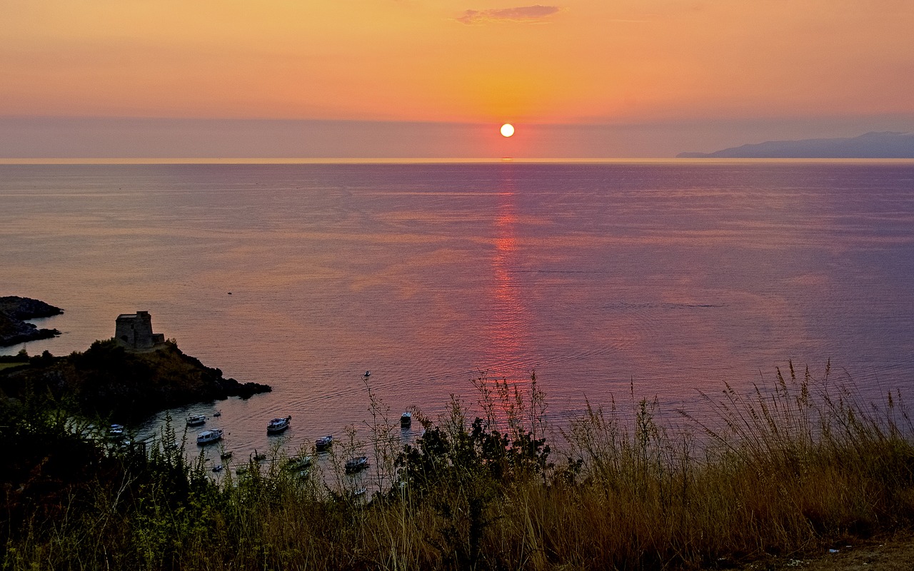 Saulėlydis, Jūra, San Nicola Arcella, Kalabrija, Italy, Raudonas Dangus Naktį, Vakaras, Vidurdienis, Twilight, Apšvietimas