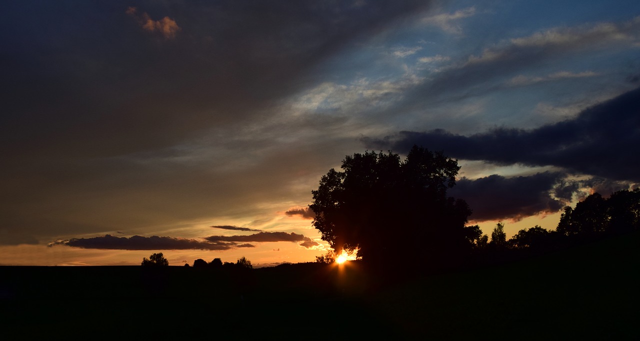 Saulėlydis, Vakaras, Debesys, Dusk, Dangus, Siluetas, Atmosfera, Abendstimmung, Medžiai, Kraštovaizdis