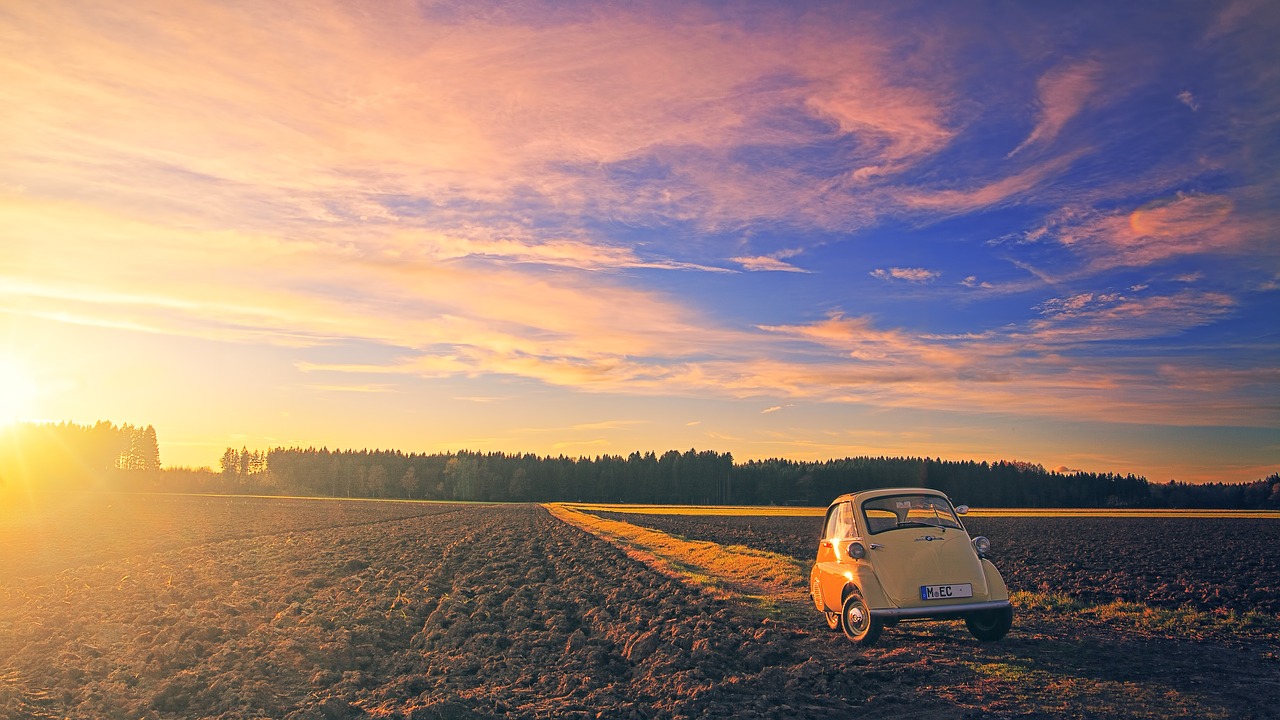 Saulėlydis, Bmw, Isetta, Aušra, Panorama, Gamta, Dusk, Dangus, Laukas, Oranžinė