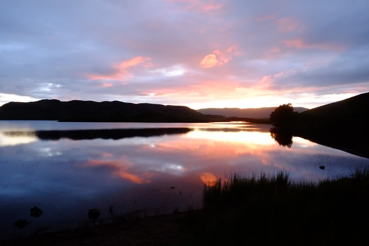 Saulėlydis,  Aušra,  Vanduo,  Dusk,  Lauke,  Loch,  Škotija,  Atspindys,  Debesis,  Saulė