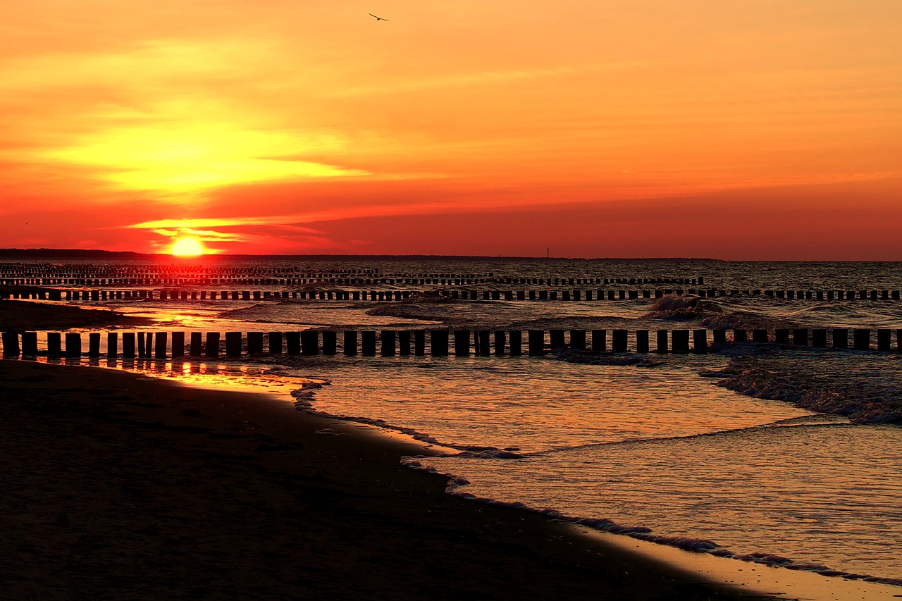 Saulėlydžio,  Prieblanda,  Vandenys,  Vakare,  Baltijos Jūra,  Zingst,  Pakrantės,  Papludimys,  Jūra,  Saulė