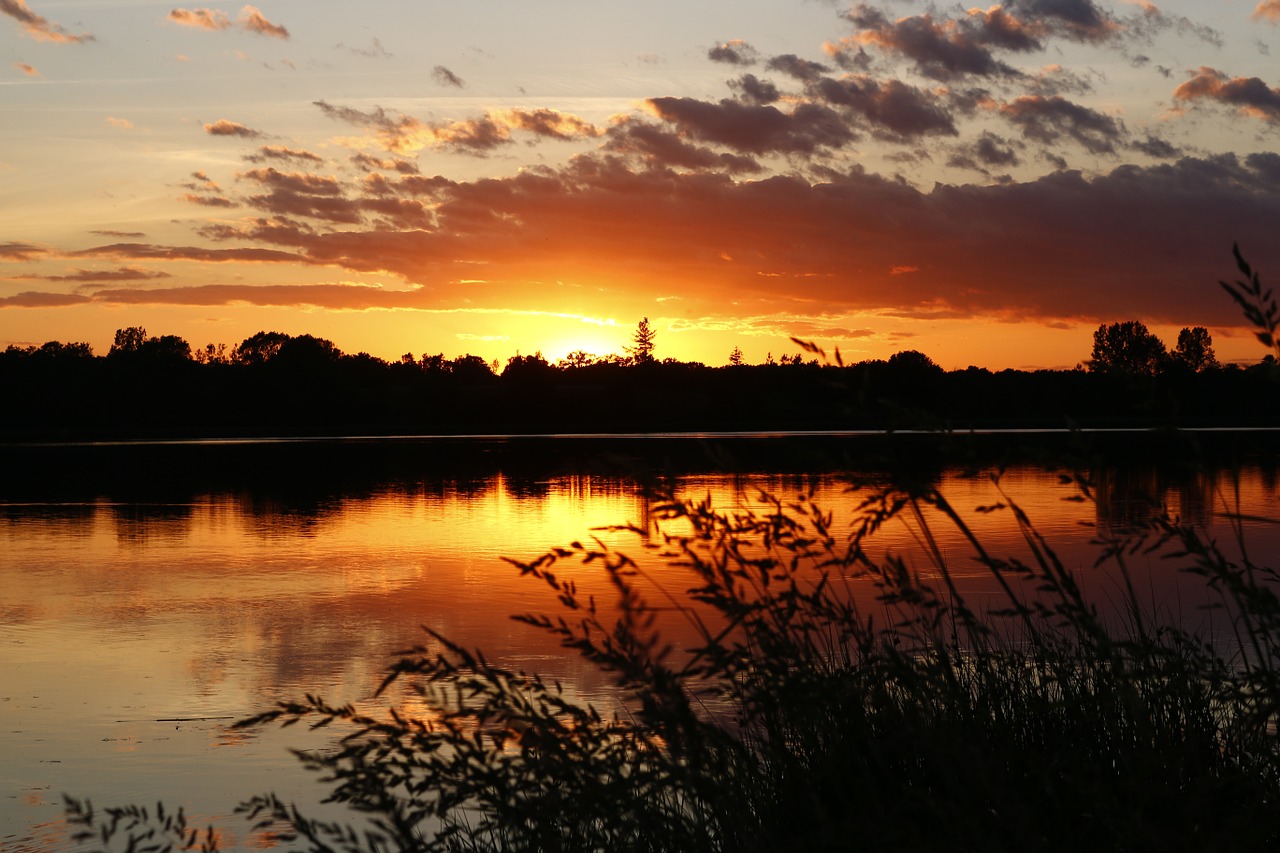 Saulėlydis, Ežeras, Vanduo, Dangus, Gamta, Kraštovaizdis, Saulė, Vakaras, Veidrodis, Abendstimmung