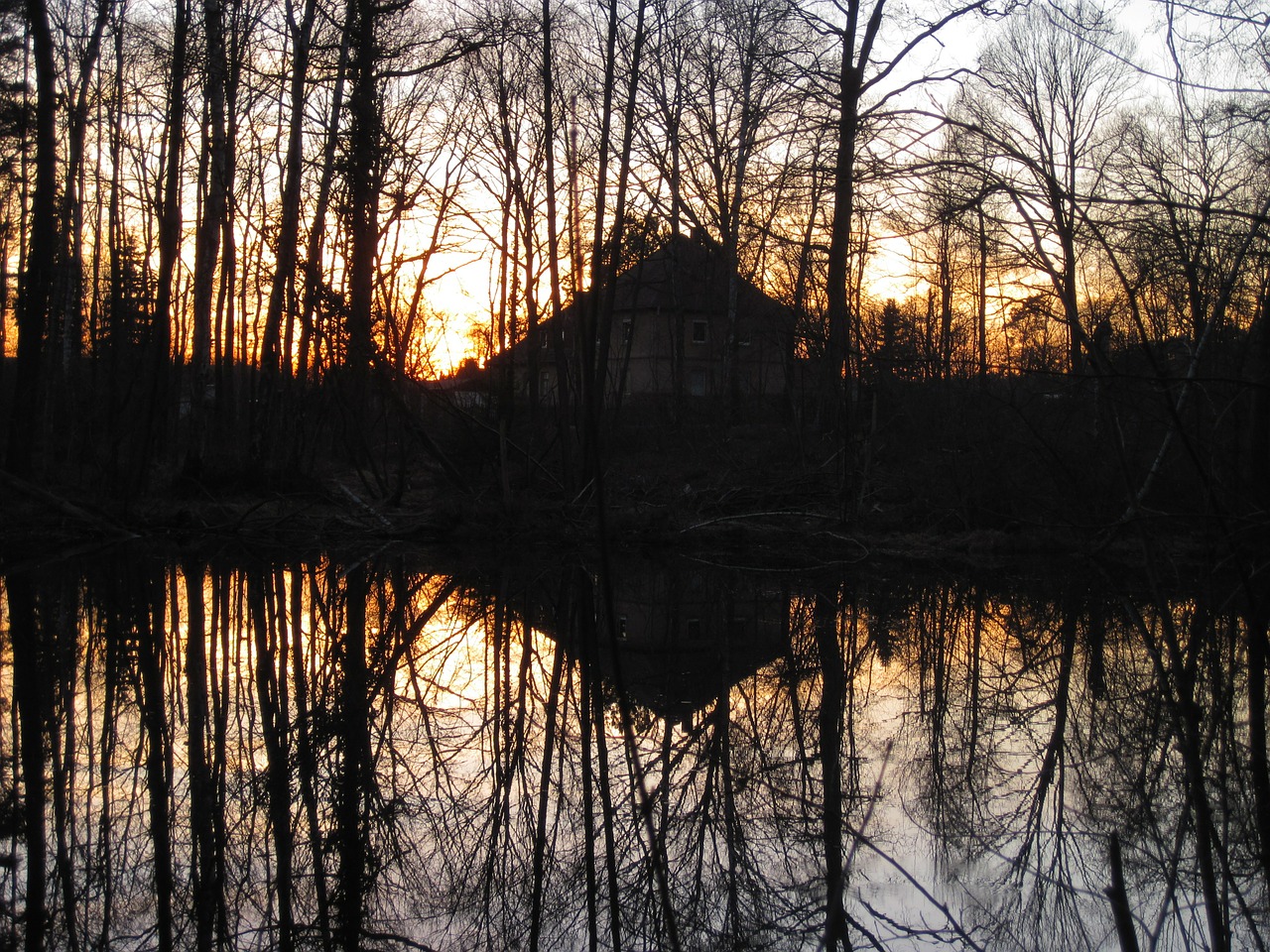 Saulėlydis, Vakaras, Ežeras, Veidrodis, Namai, Miškas, Kraštovaizdis, Siluetas, Dusk, Saulės Šviesa