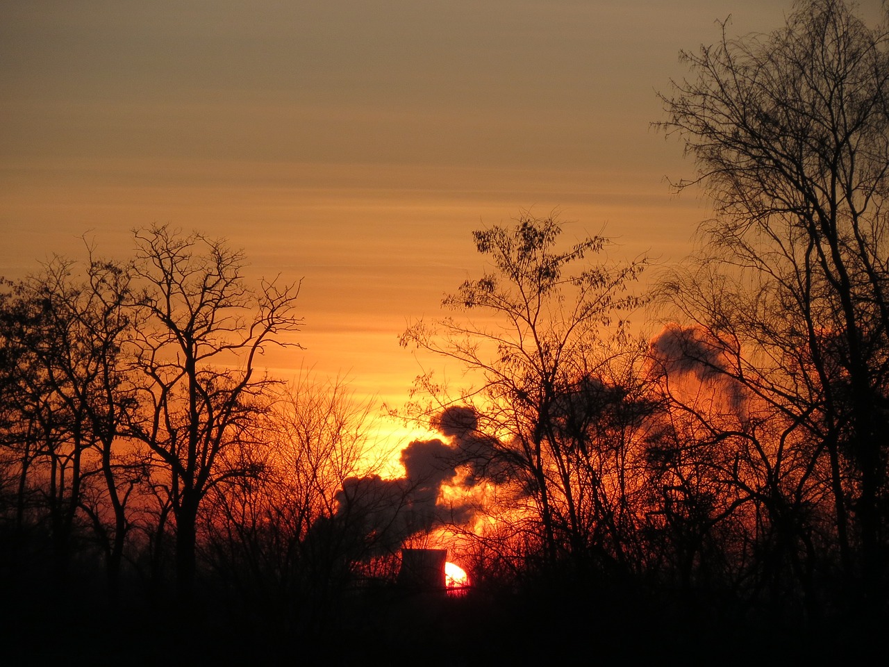 Saulėlydis, Garai, Scena, Dusk, Medžiai, Siluetai, Oranžinė, Pramoninis, Tarša, Kaminas