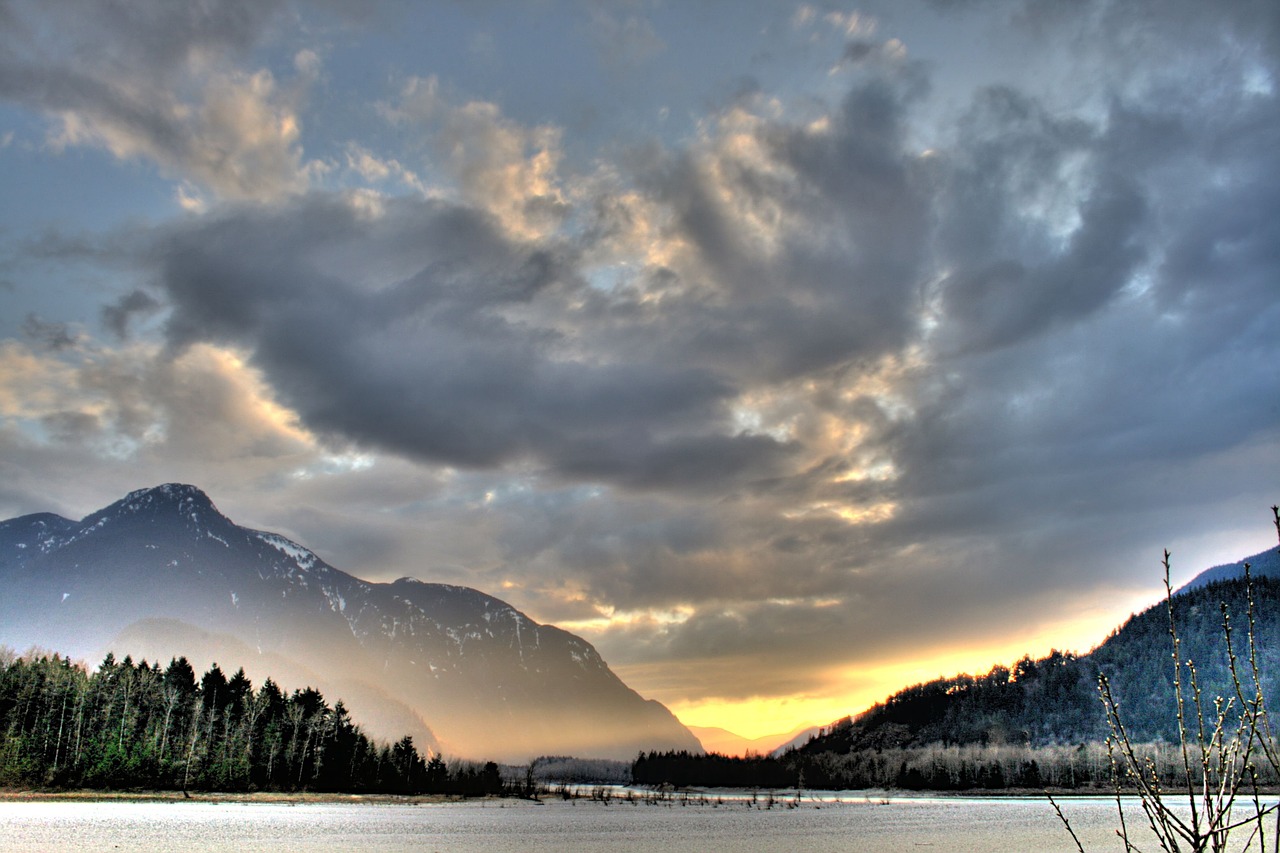 Saulėlydis, Kraštovaizdis, Dangus, Ežeras, Kalnas, Britų Kolumbija, Kanada, Twilight, Dusk, Vakaras